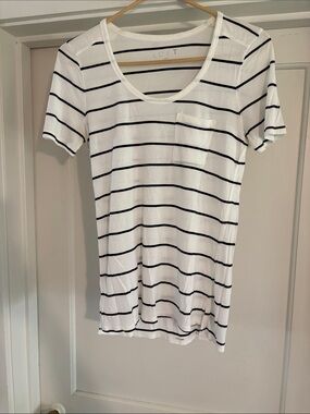 LOFT White Tee with Black Stripes and Pocket